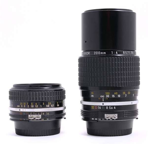 AI Nikkor 50mm f/1.8 and 200mm f/4 lenses – mid-1970's lenses, still working great on my Nikon DSLRs